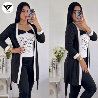 بيجامة 3 قطع 🤩بيستي + وسروال + كيمونو